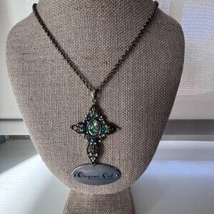 Vintage Style Cross Pendant Necklace | Teal Plastic Stone | 18” Drop | Boho Goth
